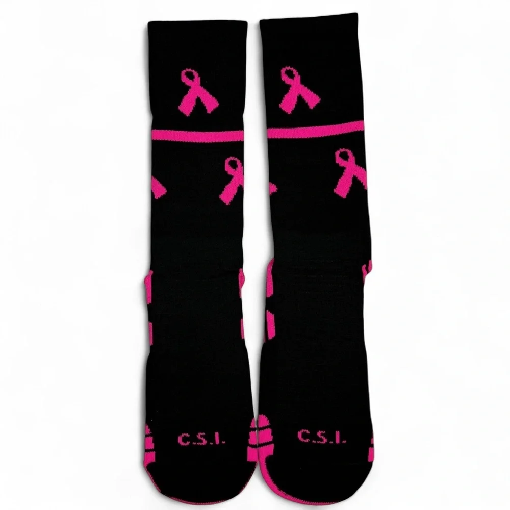 C.S.I. Breast Cancer Awareness Athletic Crew Socks Black Pink‎ Ribbon Womens L